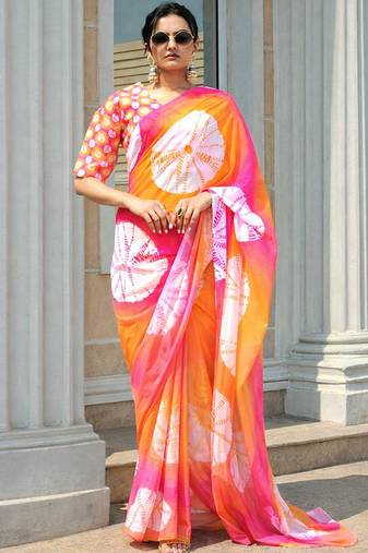 Multicolor japan satin saree with digital print blouse