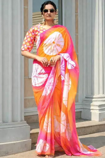 Multicolor japan satin saree with digital print blouse