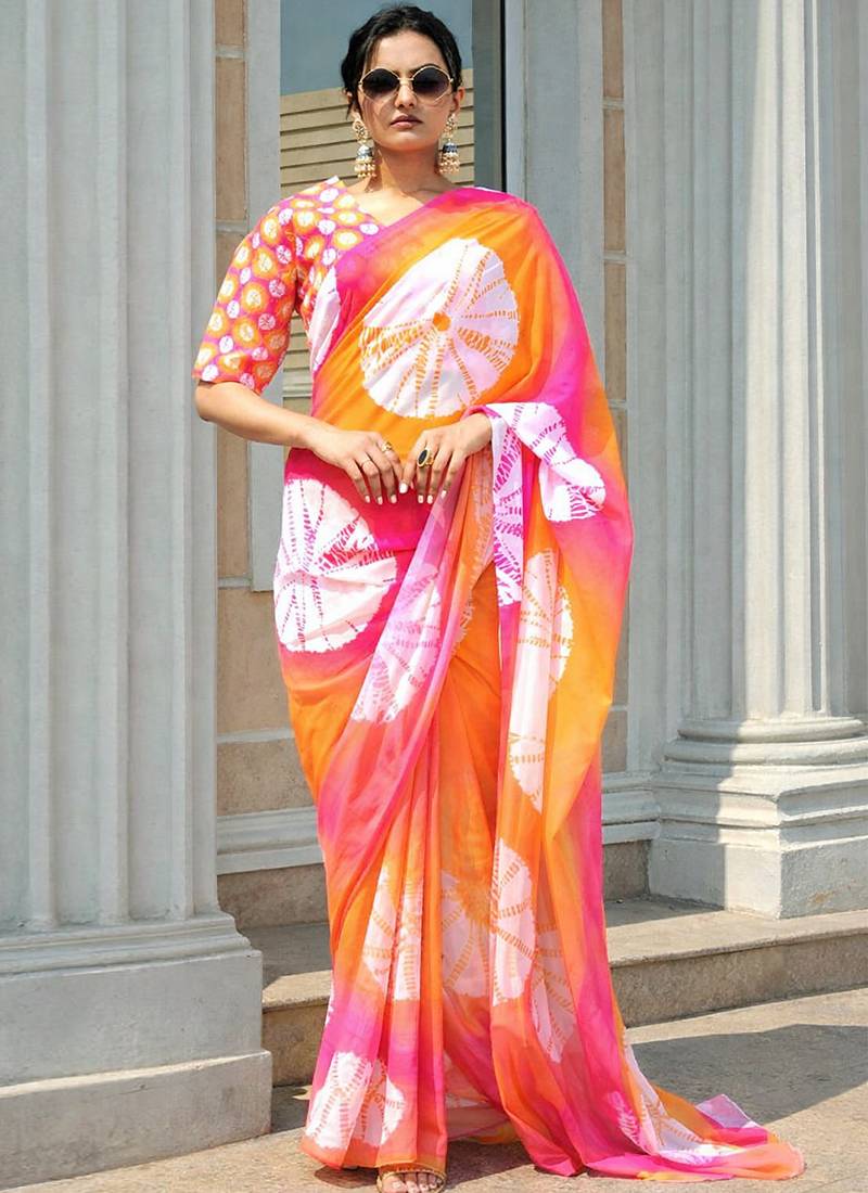 Multicolor japan devsena satin saree japan satin digital print blouse