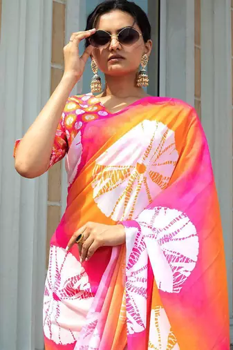 Multicolor japan satin saree with digital print blouse