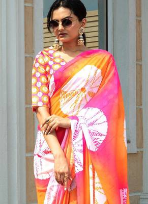 Multicolor japan satin saree with digital print blouse 3
