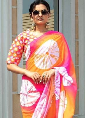 Multicolor japan satin saree with digital print blouse 5