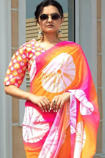 Multicolor japan satin saree with digital print blouse