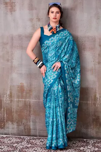 Aqua blue japan satin saree with digital print blouse