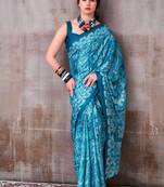 Aqua blue japan satin saree with digital print blouse