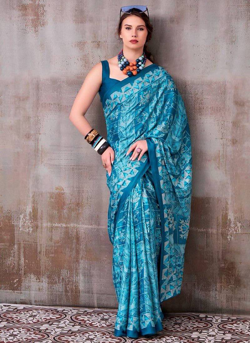 Aqua blue japan satin saree with digital print blouse