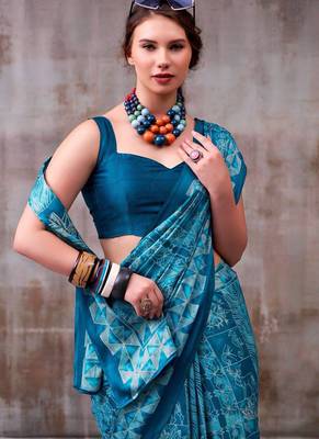 Aqua blue japan satin saree with digital print blouse 2