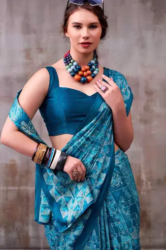 Aqua blue japan satin saree with digital print blouse