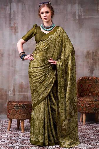 Olive japan satin saree with digital print blouse