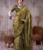 Olive japan satin saree with digital print blouse