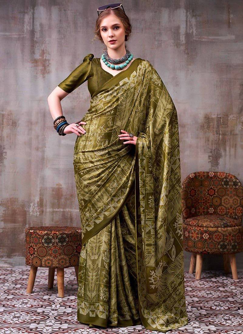 Olive japan satin saree with digital print blouse