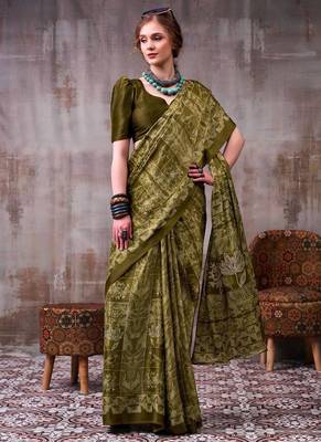 Olive japan satin saree with digital print blouse 2