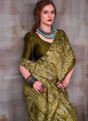 Olive japan satin saree with digital print blouse 3
