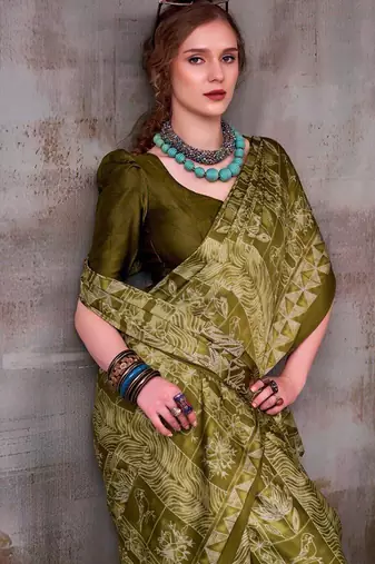 Olive japan satin saree with digital print blouse