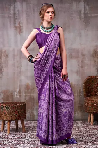 Purple japan satin saree with digital print blouse