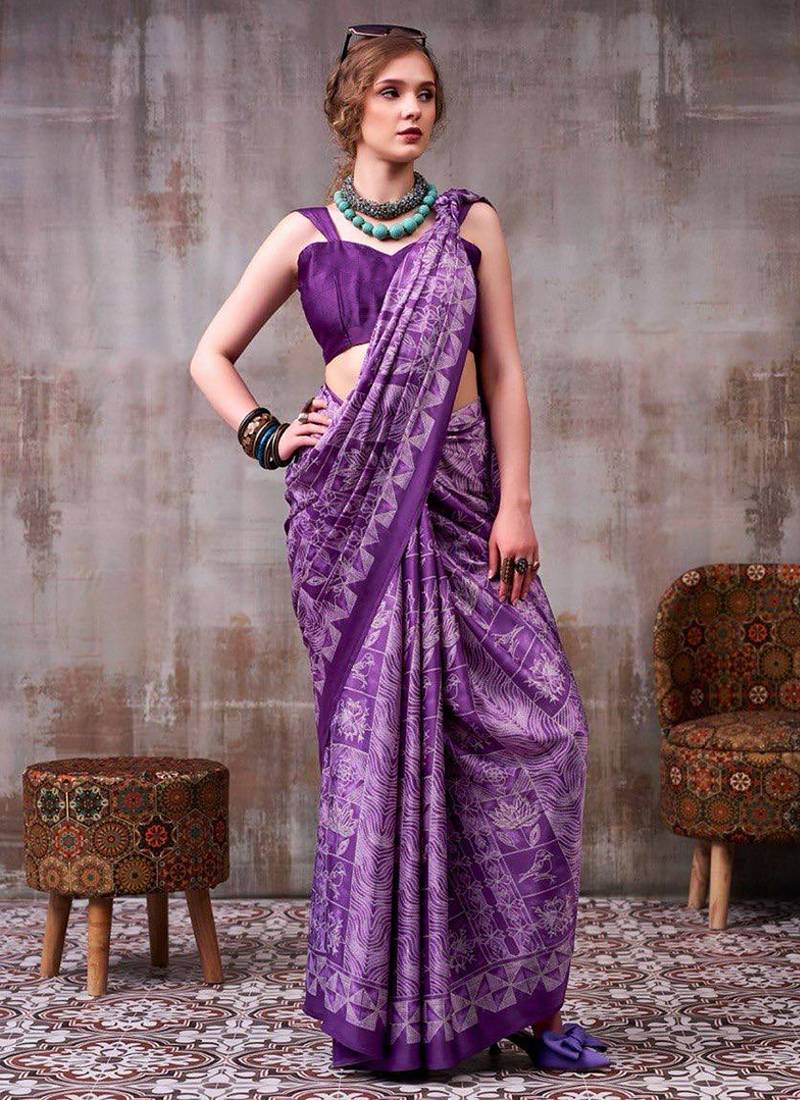 Purple japan satin saree with digital print blouse