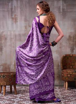 Purple japan satin saree with digital print blouse 2
