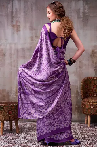 Purple japan satin saree with digital print blouse