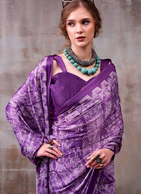 Purple japan satin saree with digital print blouse 3