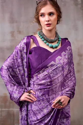 Purple japan satin saree with digital print blouse