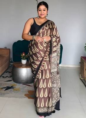 Brown japan satin saree with digital print blouse 1