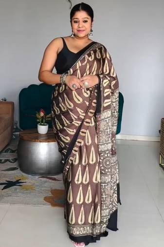 Brown japan satin saree with digital print blouse