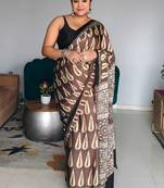 Brown japan satin saree with digital print blouse
