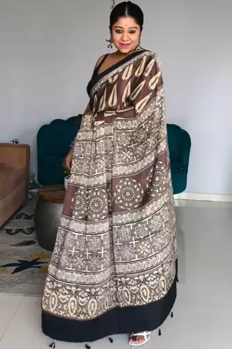 Brown japan satin saree with digital print blouse