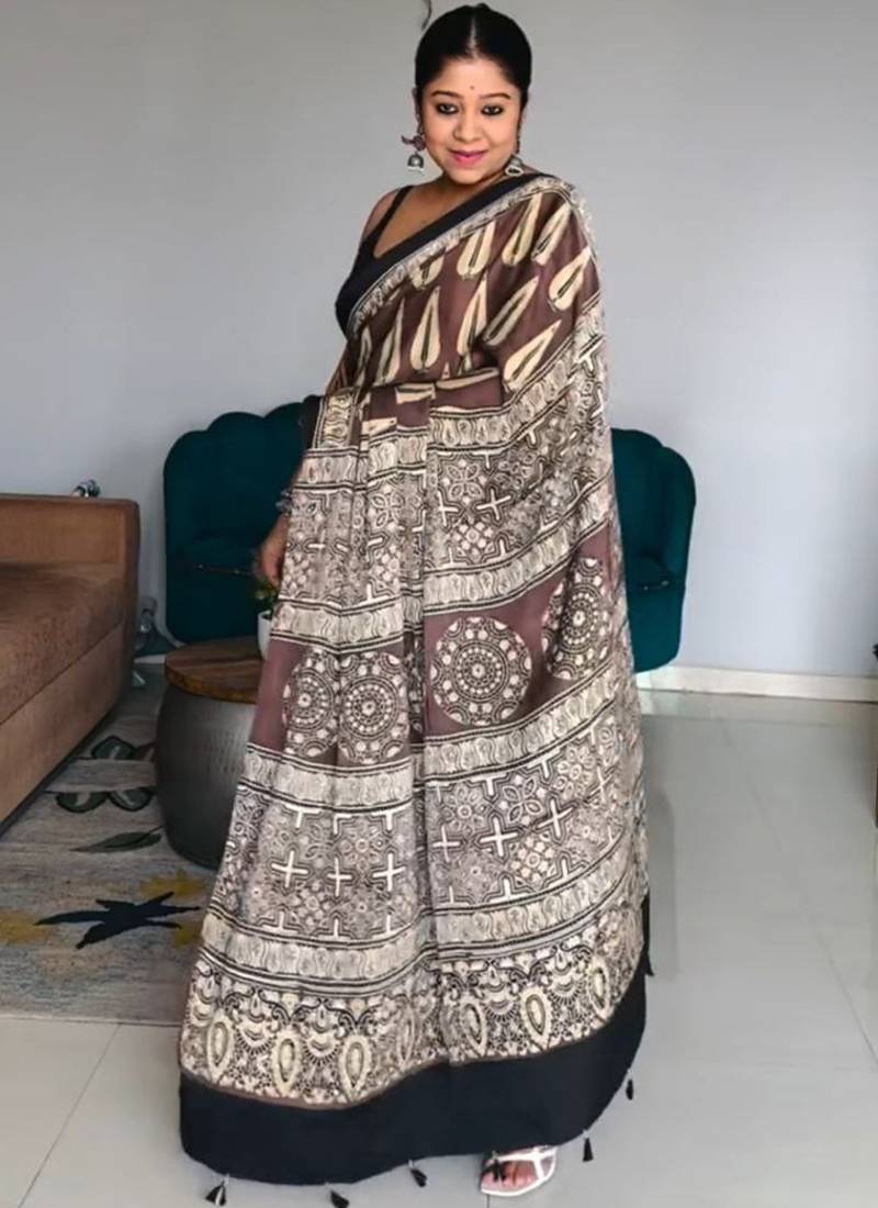 Brown japan satin saree with digital print blouse