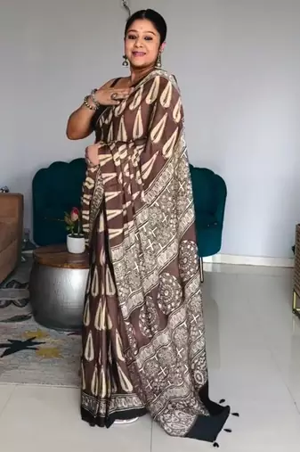 Brown japan satin saree with digital print blouse