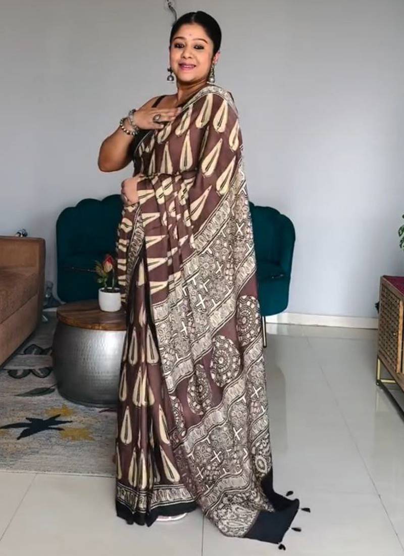 Brown japan satin saree with digital print blouse
