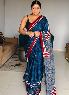 Blue japan satin saree with digital print blouse 1