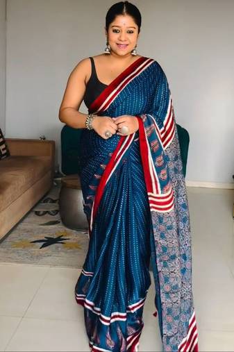 Blue japan satin saree with digital print blouse