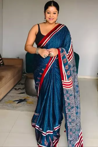 Blue japan satin saree with digital print blouse