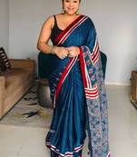 Blue japan satin saree with digital print blouse