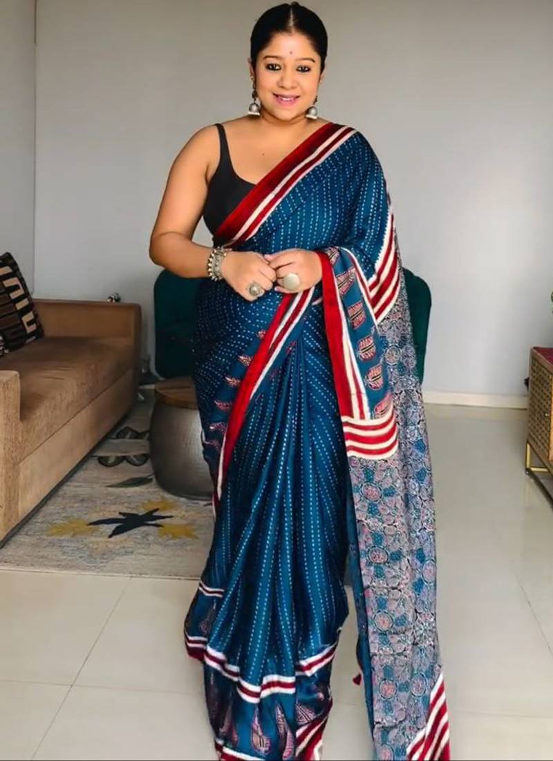 Blue japan satin saree with digital print blouse