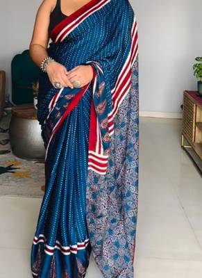 Blue japan satin saree with digital print blouse 2