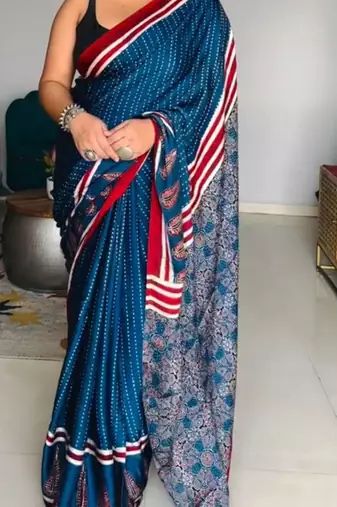 Blue japan satin saree with digital print blouse