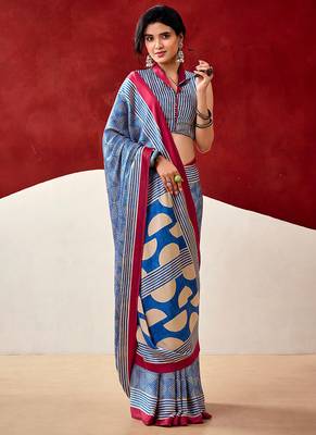 Blue japan satin saree with digital print blouse 1