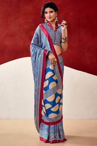 Blue japan satin saree with digital print blouse