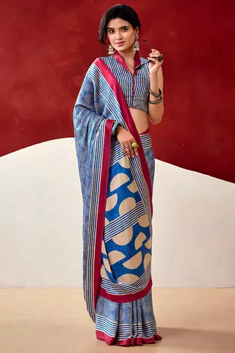 Blue japan satin saree with digital print blouse