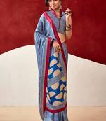 Blue japan satin saree with digital print blouse