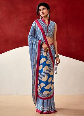 Blue japan satin saree with digital print blouse 2