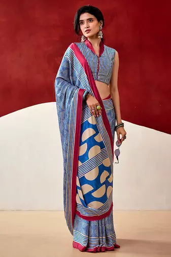 Blue japan satin saree with digital print blouse