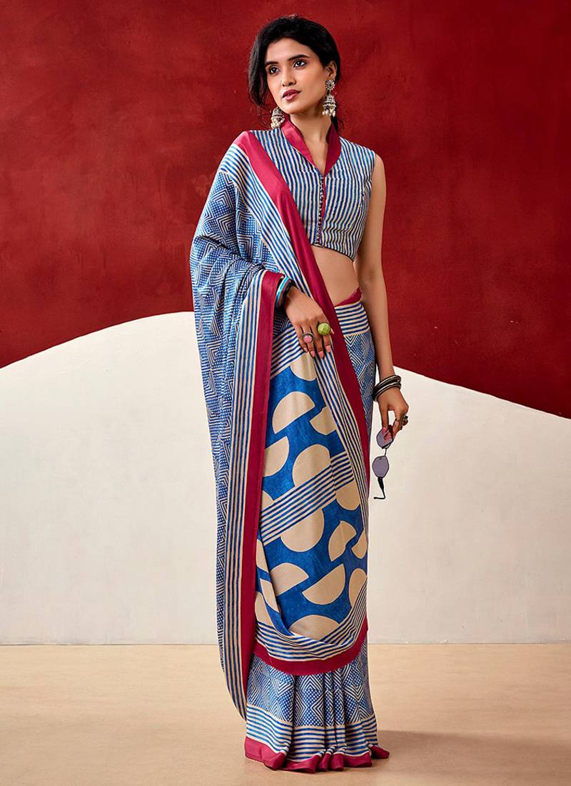 Blue japan satin saree with digital print blouse