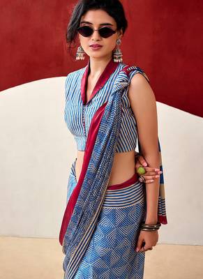 Blue japan satin saree with digital print blouse 3