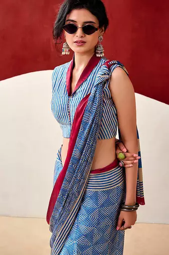 Blue japan satin saree with digital print blouse