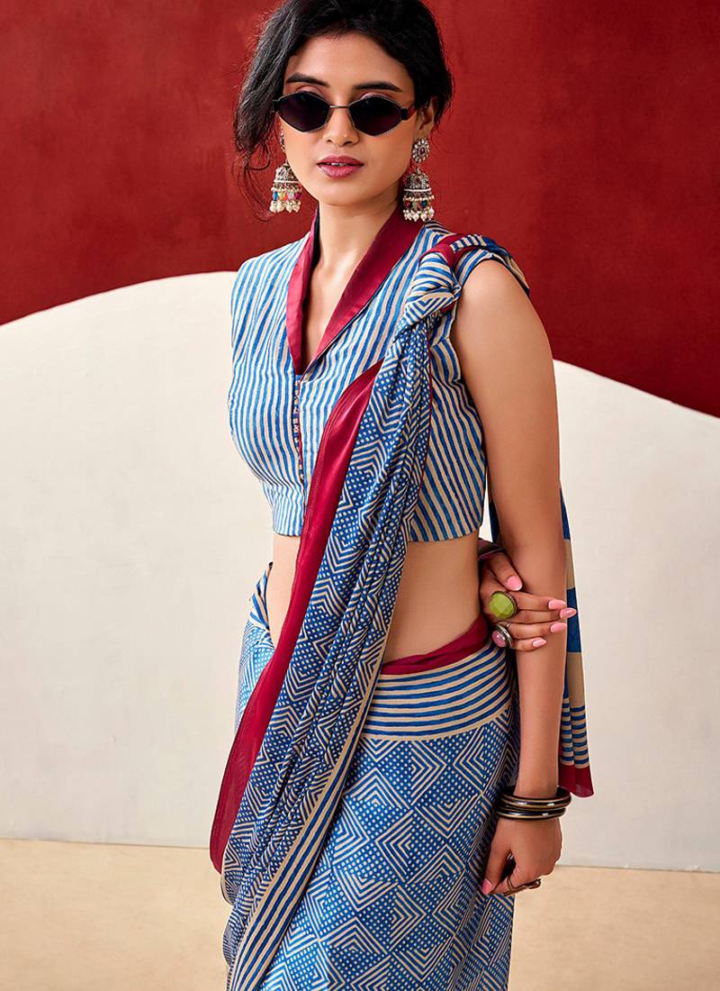 Blue japan satin saree with digital print blouse
