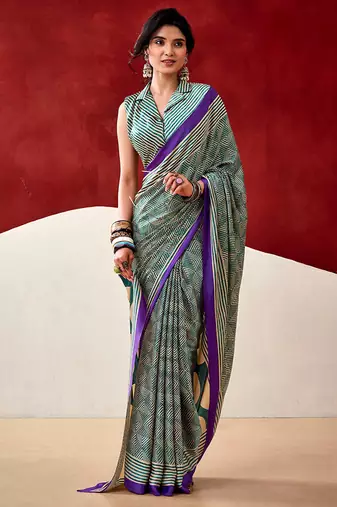 Turquoise japan satin saree with digital print blouse