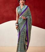 Turquoise japan satin saree with digital print blouse